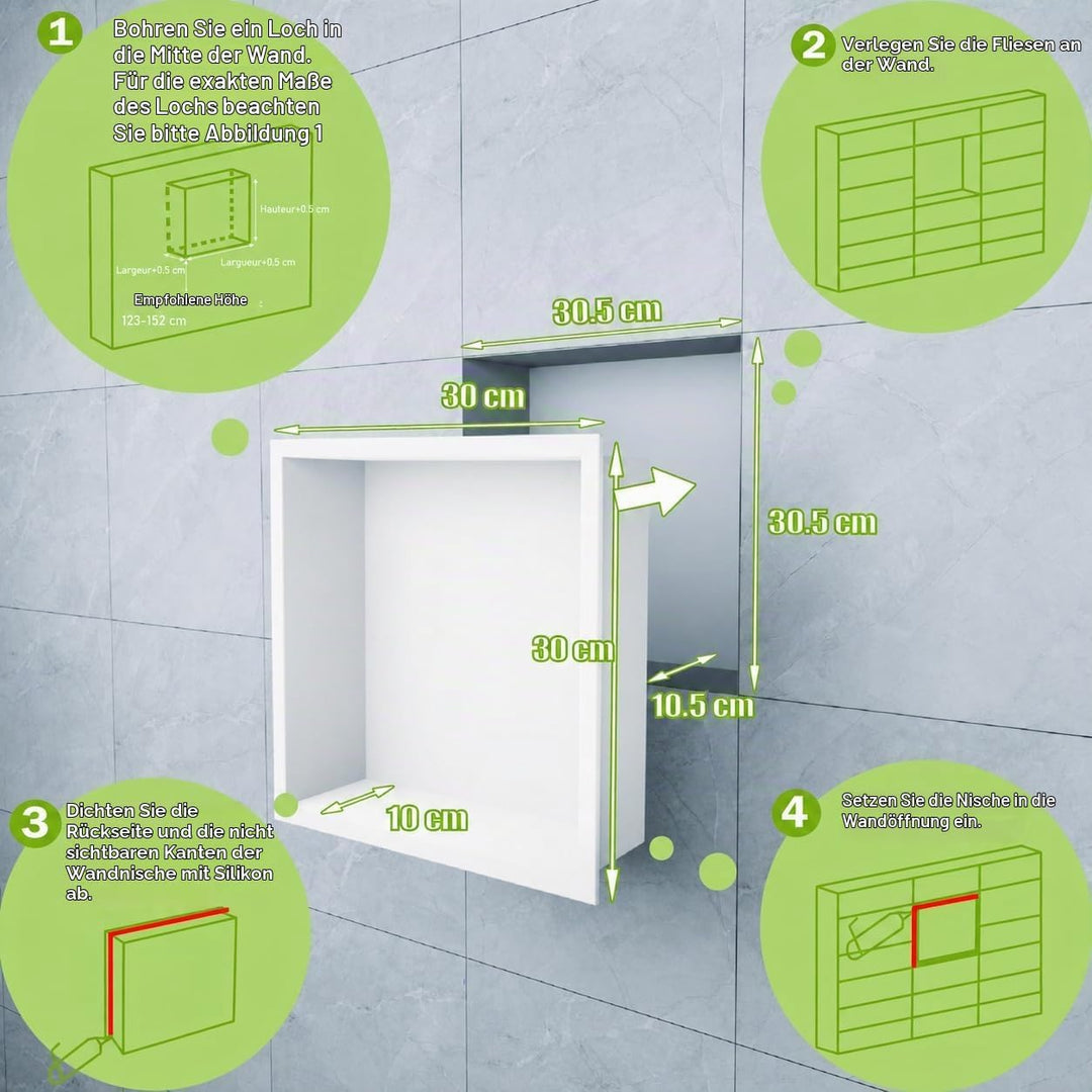 Badezimmer-Wandnischenschrank Weiss 30x30x10 cm, wandmontiertes Waschbecken für Dusche Edelstahl-Auf
