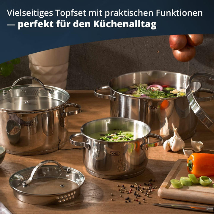 KHG Topfset 3 teilig Induktionstöpfe Edelstahl Rostfrei - 16 cm 20 cm 24 cm mit Ausguss Innenskalier
