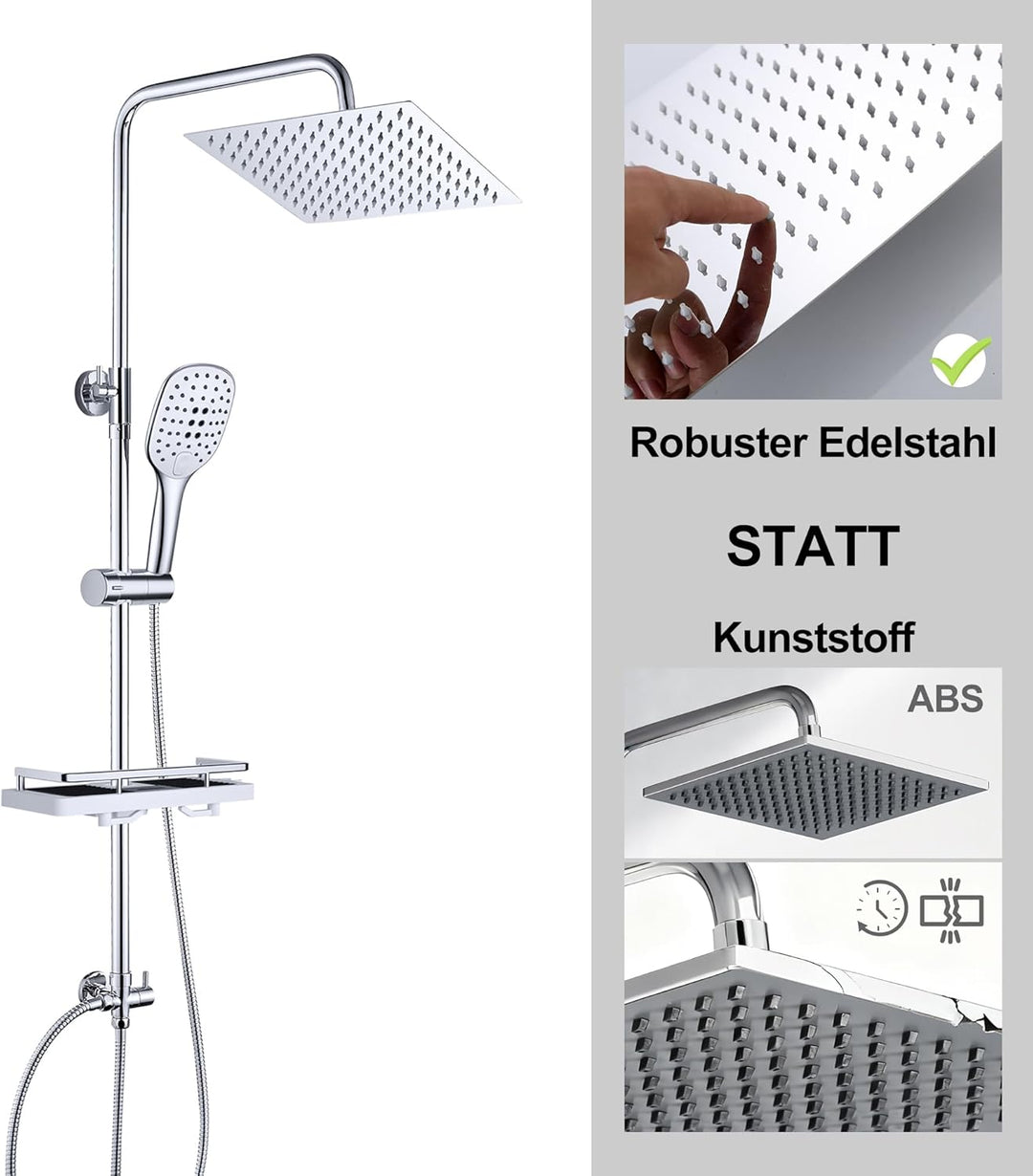 JOHO Edelstahl Regendusche Duschsystem Duschset Duschstange mit Ablage Chrom(Kopfbrause 25x25cm) 252