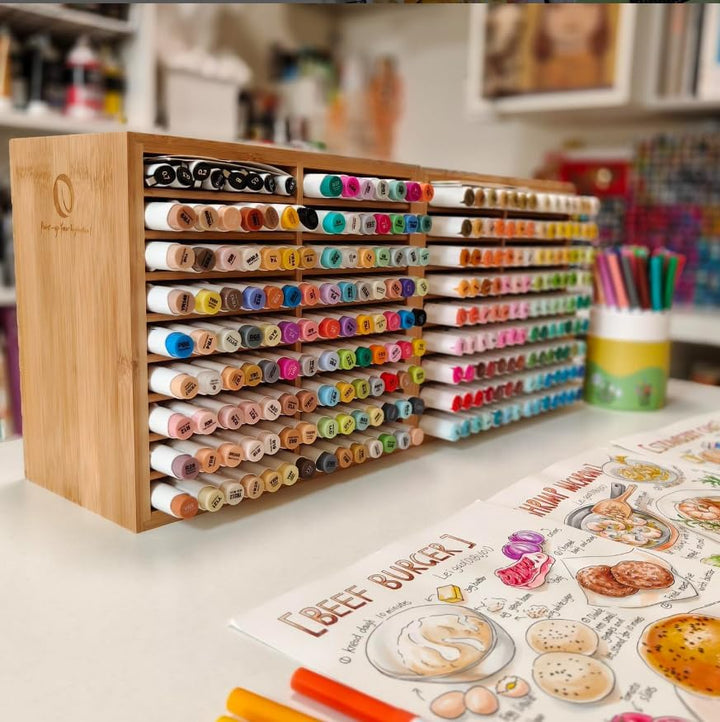 Ohuhu Bambus-Marker-Organizer, Holz Desktop Aufbewahrung für 126 Markerstifte Stifte Bleistifte Kuns