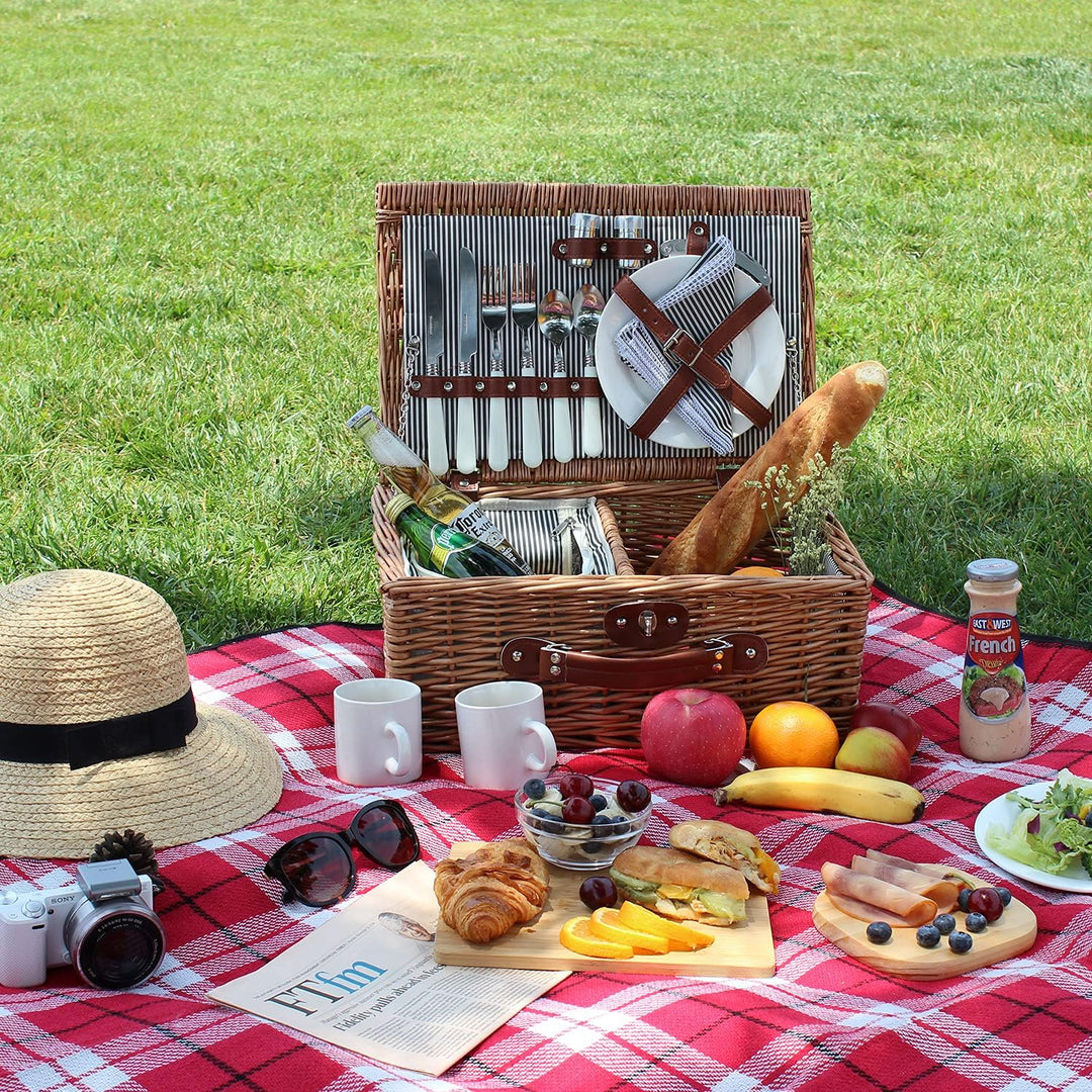 2 Personen Wicker Picknickkorb Set mit isoliertem Kühler, Picknickkorb mit Bechern, Besteck, Weinglä