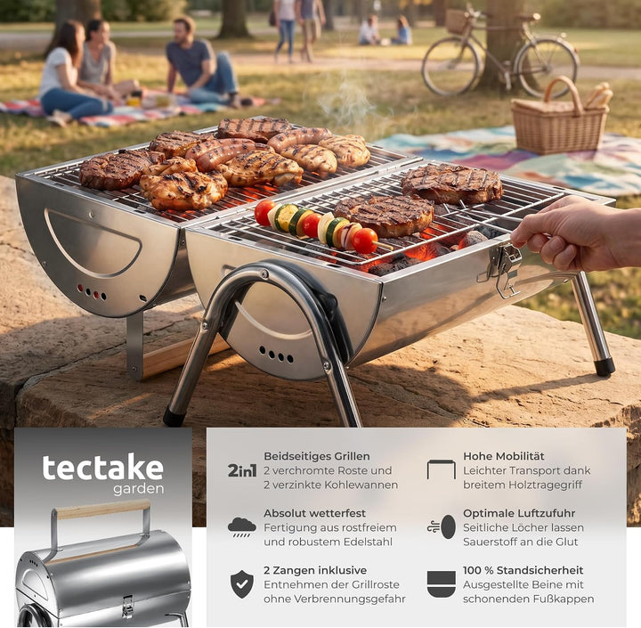 tectake® Edelstahlgrill, wetterfest, Doppel-Grillfläche 34 x 45 cm