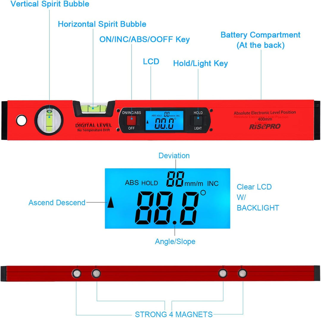 Neigungsmesser, RISEPRO Digitale Neigungsmesser Winkel Finder Gauge Spirit Level aufrecht Magnet 360