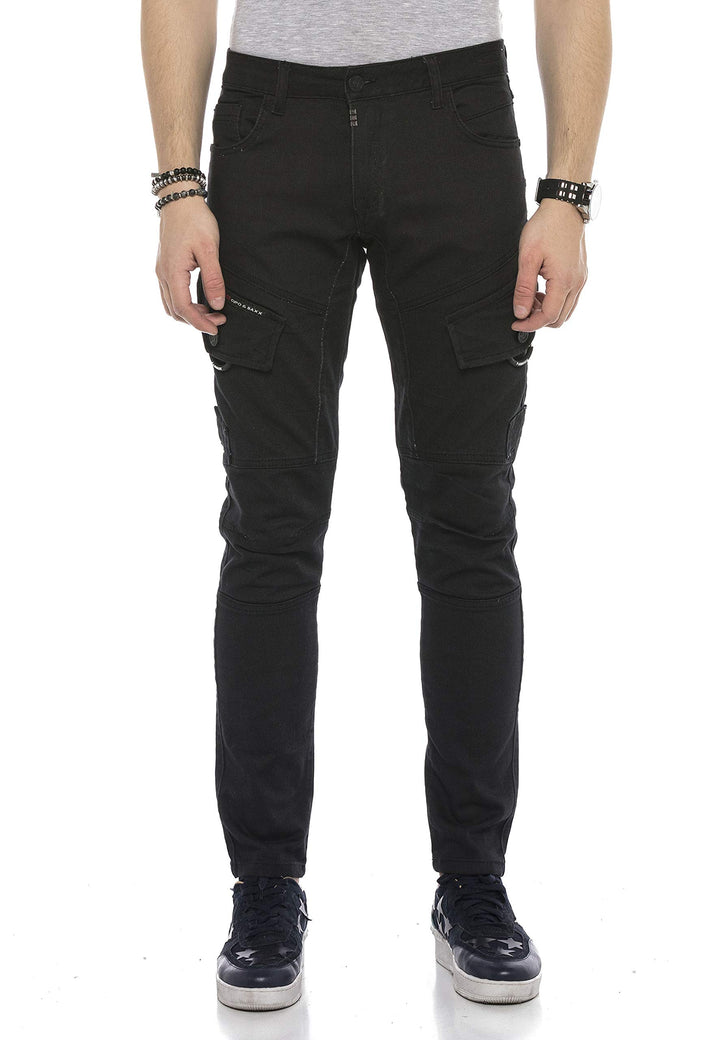 Cipo & Baxx Herren Jeanshose Design Cargohose Regular Fit Straght Biker Pants Used Jeans Hose Schwar