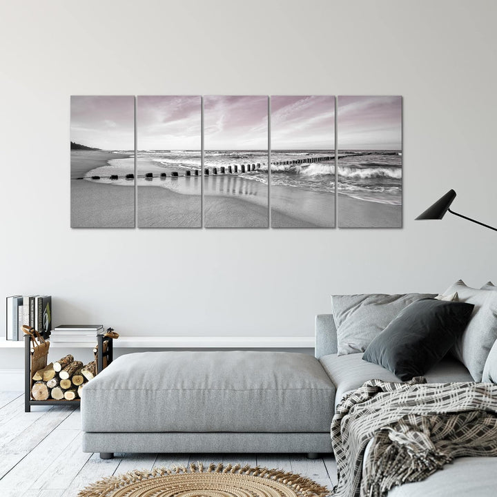 Runa Art Wandbild XXL Strand Meer Schlafzimmer Wohnzimmer 200 x 80 cm Grau Rosa 5 Teilig - Made in G