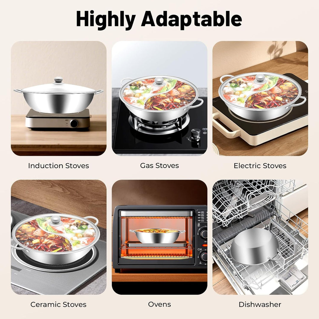 Edelstahl Hot Pot mit Teiler, Shabu Shabu Topf mit Glasdeckel, Kochtopf-Set, Food Party Hot Pot, Chi