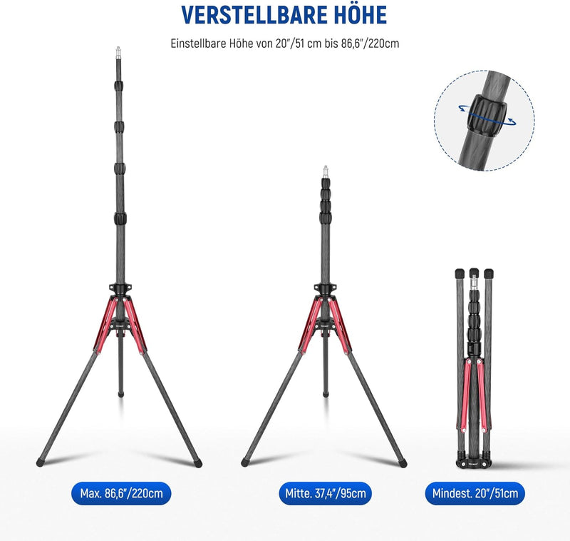 NEEWER Light Stand Carbon Fiber mit 180° umkehrbaren Beinen, 1/4" auf 3/8" Schraubenadapter und Tasc