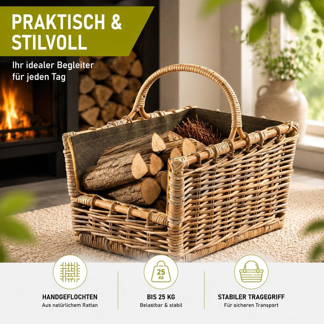 Kobolo Kaminholzkorb Holztrage für Kaminholz -Rattan grau abnehmbarer Textileinsatz in