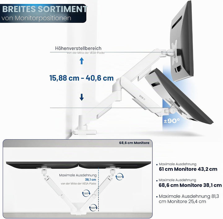 VIVO STAND-V002OW Dual-Monitor bis zu 81,3 cm (32 Zoll) und 9 kg pro Bildschirm, mechanische Arm-Sch