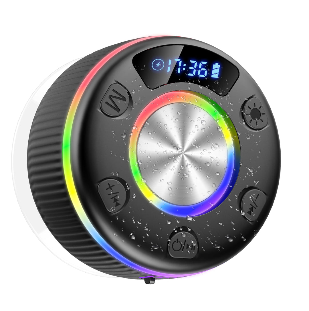 Bluetooth Lautsprecher Dusche, musikbox Bluetooth mit HD Mic, RGB Lichtshow, Zeitangabe, Mini Duschl