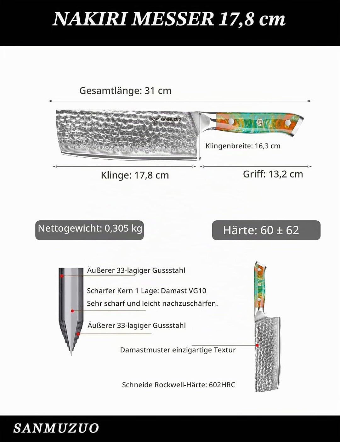 18 cm Nakiri Messer - Gemüsebeil Küchenmesser - japanisches Usuba Messer - Gehämmertem Damaststahl u