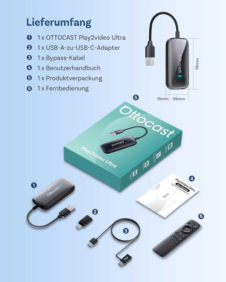 OTTOCAST Play2Video Ultra, 3-in-1 Wireless CarPlay Adapter, Android Auto Adapter mit Netflix & YouTu