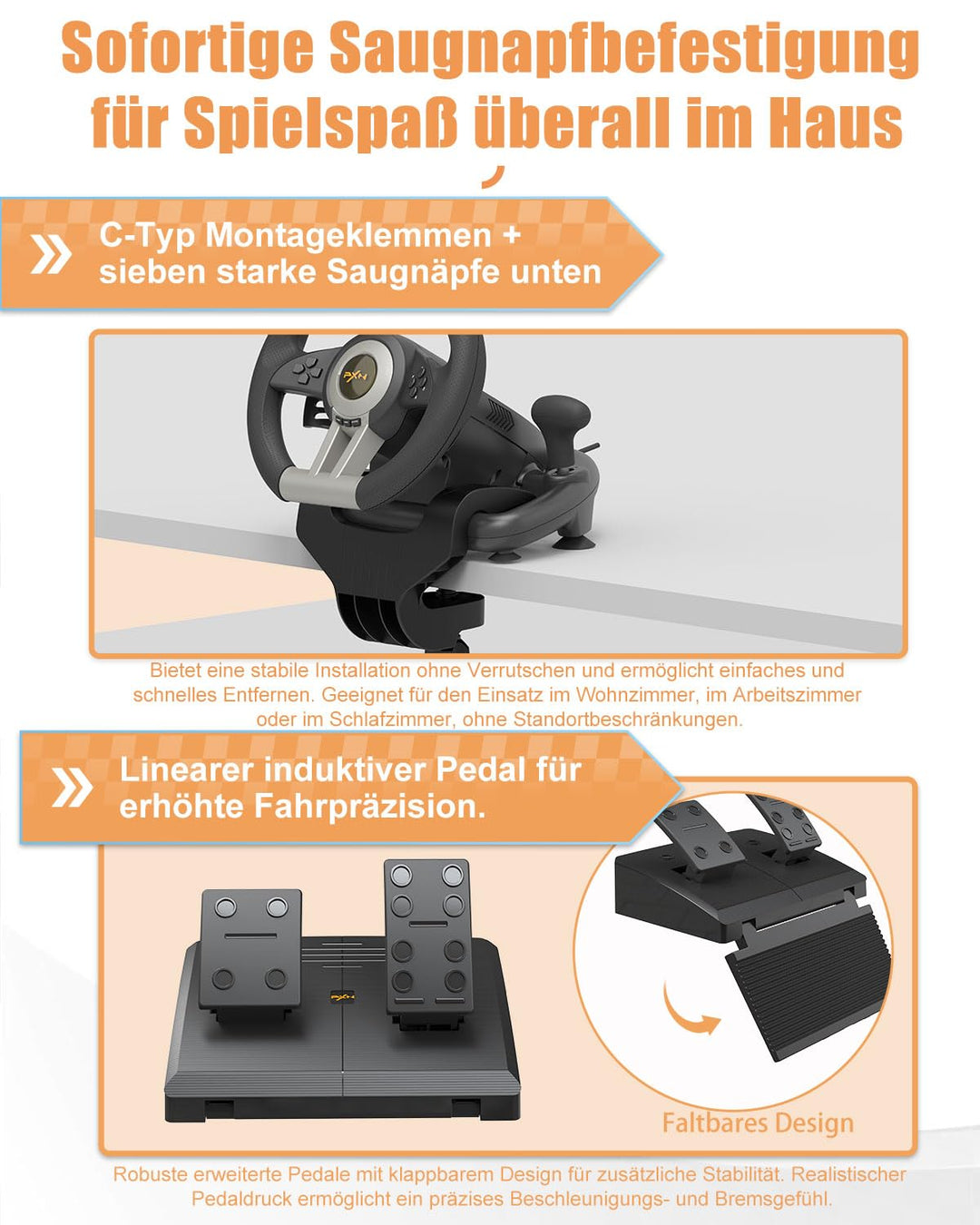 PXN V3 Pro Gaming Lenkrad mit Pedalen - 180°, Vibrationsfeedback, Integrierter Schalthebel, Paddle S