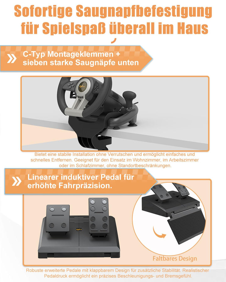 PXN V3 Pro Gaming Lenkrad mit Pedalen - 180°, Vibrationsfeedback, Integrierter Schalthebel, Paddle S
