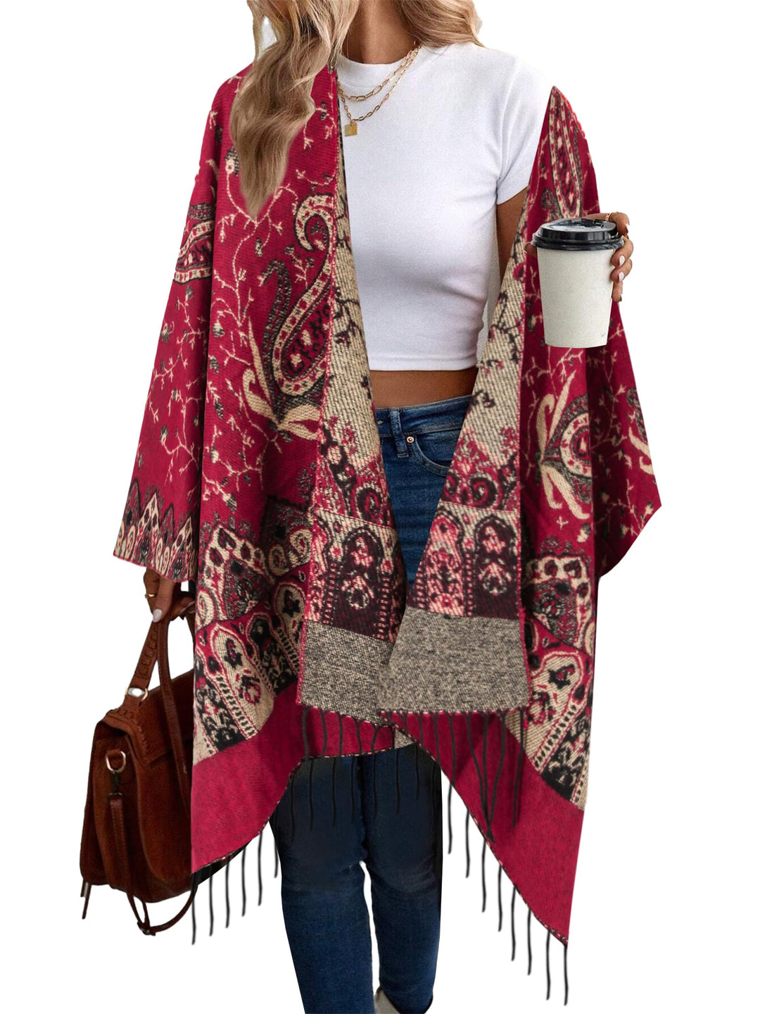 breezy lane Damen Poncho Schal Retro-Stil Bedruckt Umhang Übergrosse Decke Cardigans für Herbst und