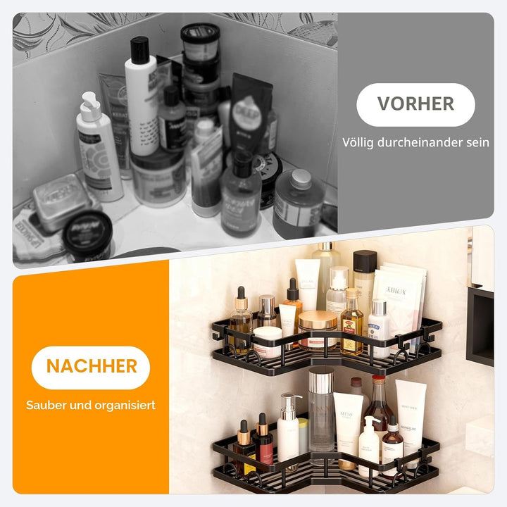 Duschregal, ohne Bohren, 2 Stück, Eckregal für Badezimmer, Aufbewahrung, Organizer, mit Haken, Zubeh