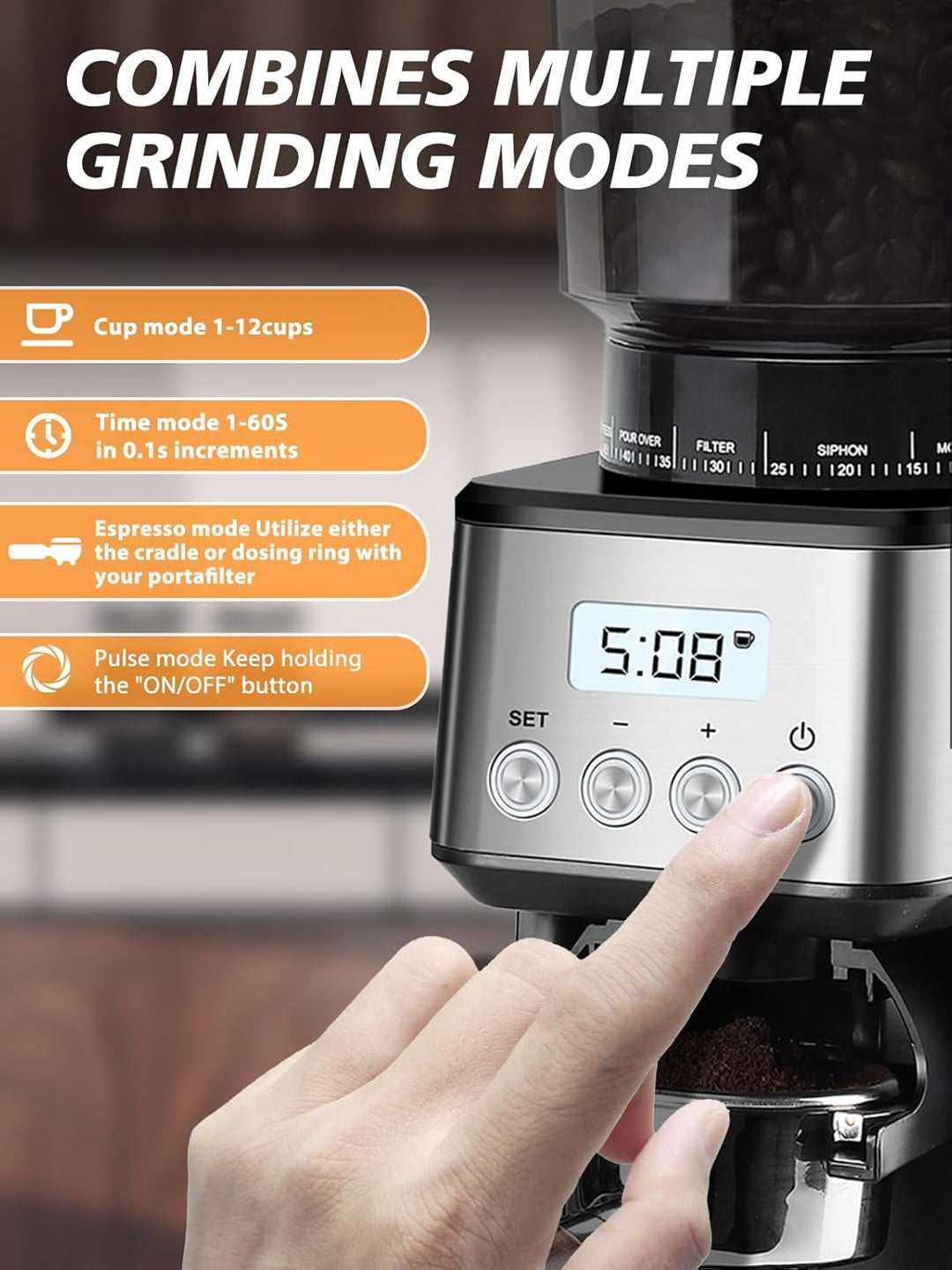 Homtone Kaffeemühle Elektrisch für Siebträger und Behälter, 51 Mahlstufen Kaffeemühle Siebträger Ele
