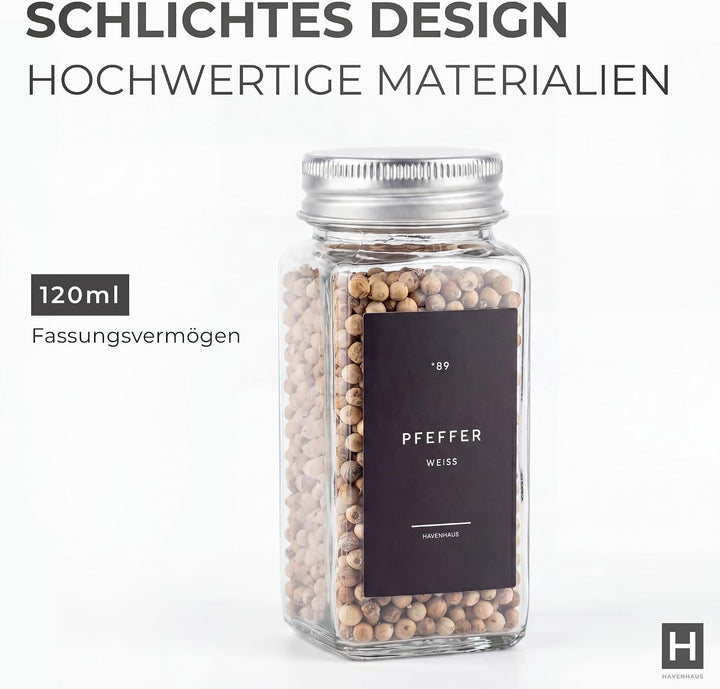 Havenhaus Premium Gewürzgläser Set Aluminium | 24 Gewürz Organizer inkl. 336 deutschen Gewürzetikett