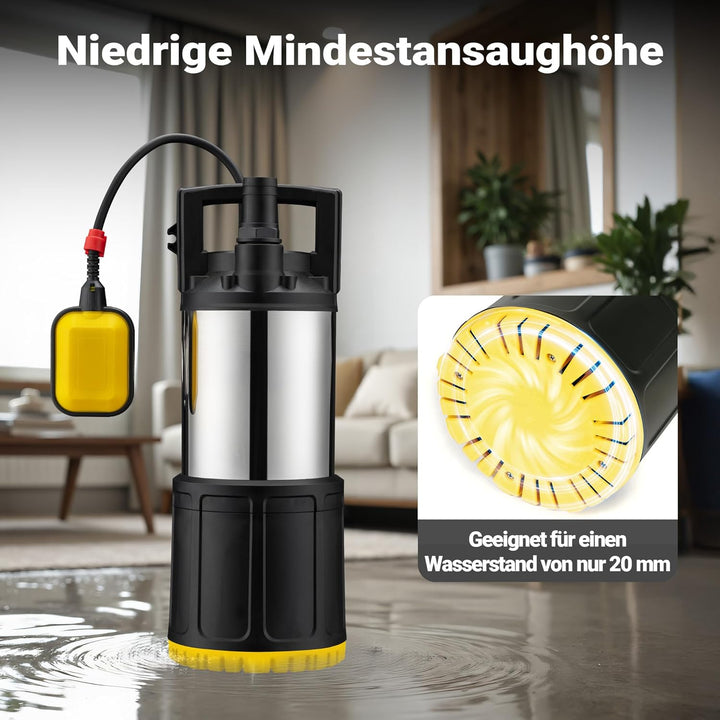 Wiltec Tauchpumpe mit Schwimmerschalter 1000 W, Tiefbrunnenpumpe bis 7 m Tiefe, Brunnenpumpe 30 m Fö