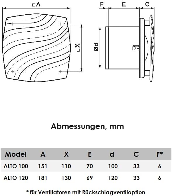Vlano ALTO Badlüfter, WC Ventilator, Standard, Quick-Fix System, ohne Bohren, 100 mm oder 120 mm, 95