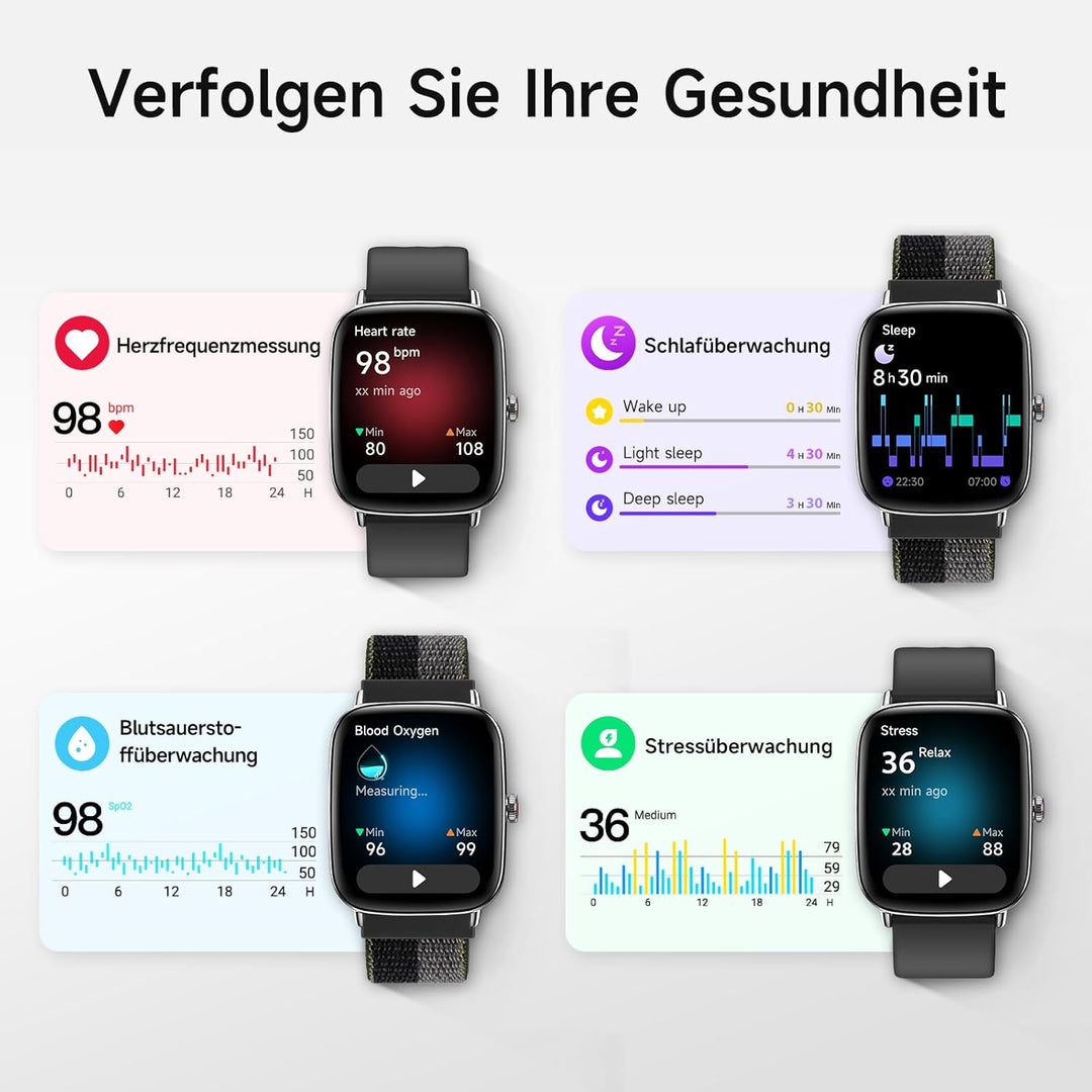 Smartwatch Herren Damen mit Telefonfunktion,1.85" HD Uhren mit Herzfrequenz Schlafmonitor SpO2 Schri