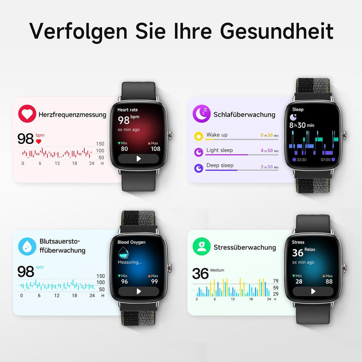 Smartwatch Herren Damen mit Telefonfunktion,1.85" HD Uhren mit Herzfrequenz Schlafmonitor SpO2 Schri