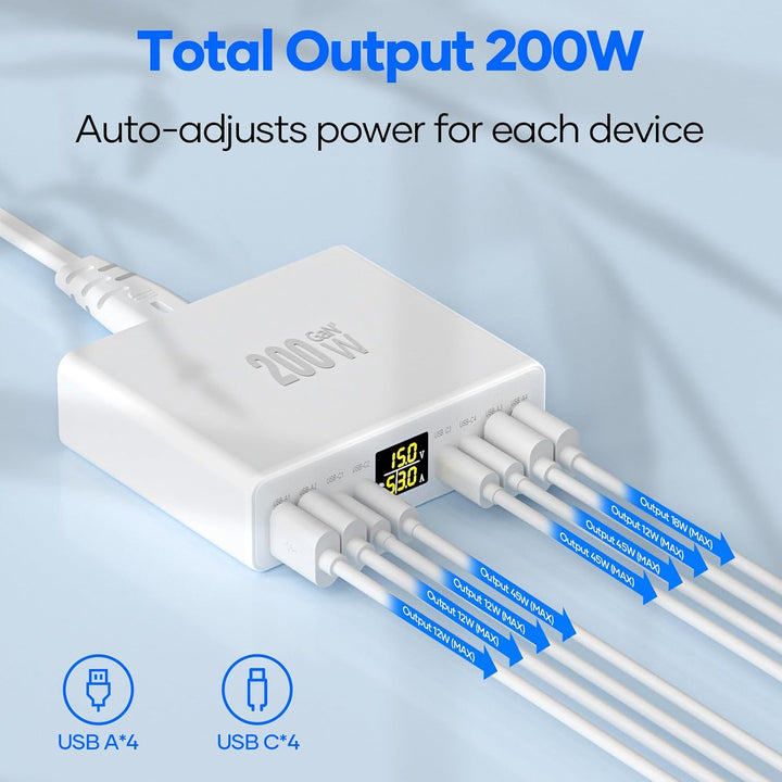 USB C Ladegerät Mehrfach 8-Port mit LED Anzeige, YSYFAD 200W GAN USB Ladestation PPS PD Type C Netzt