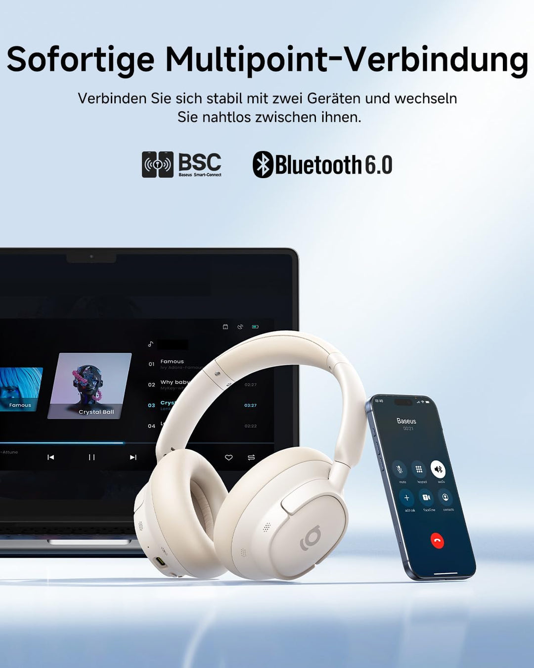 Baseus BH1 NC Lite Bluetooth Kopfhörer, Over-Ear-Kopfhörer mit Active Noise Cancelling, tiefer Bass,