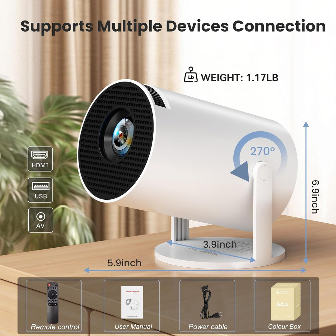 Tragbarer Beamer 4K, 1080P FHD Mini Beamer, kompatibel mit Android und Netflix, WiFi 6, BT 5.0, 180°