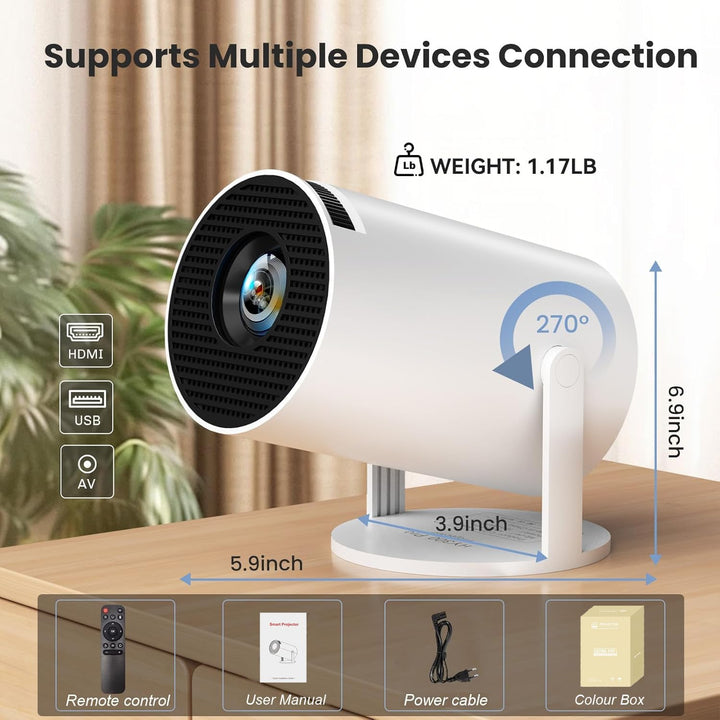 Tragbarer Beamer 4K, 1080P FHD Mini Beamer, kompatibel mit Android und Netflix, WiFi 6, BT 5.0, 180°