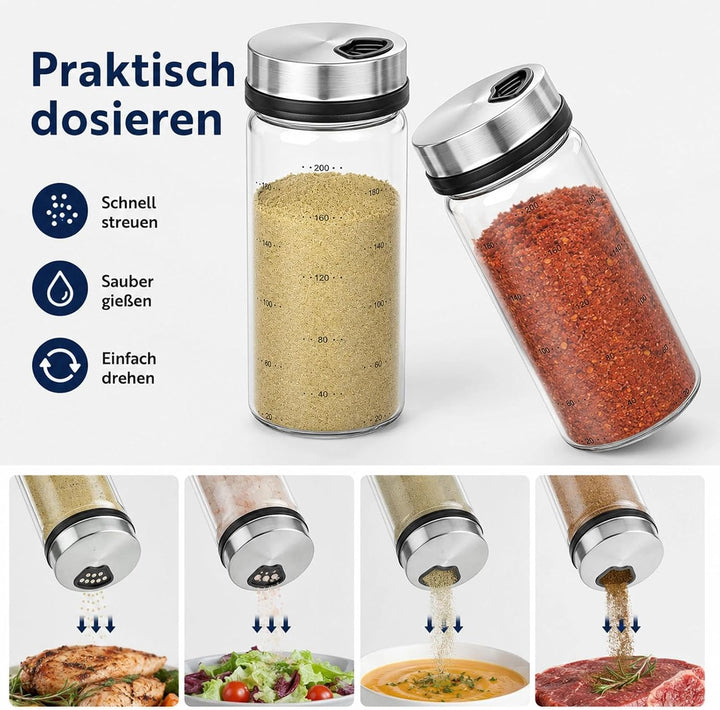 4 Stück 200ml Gewürzgläser mit Drehdeckel , Borosilikatglas Gewürzstreuer , 4-fach Verstellbare Stre