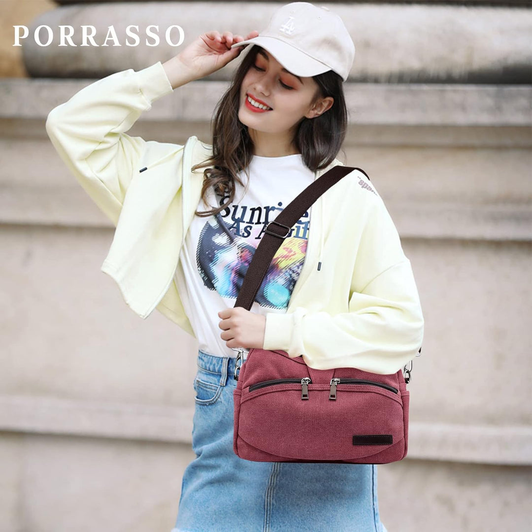 PORRASSO Damen Umhängetasche Casual Schultertasche Canvas Handtasche Multi Tasche Crossbody Bag für