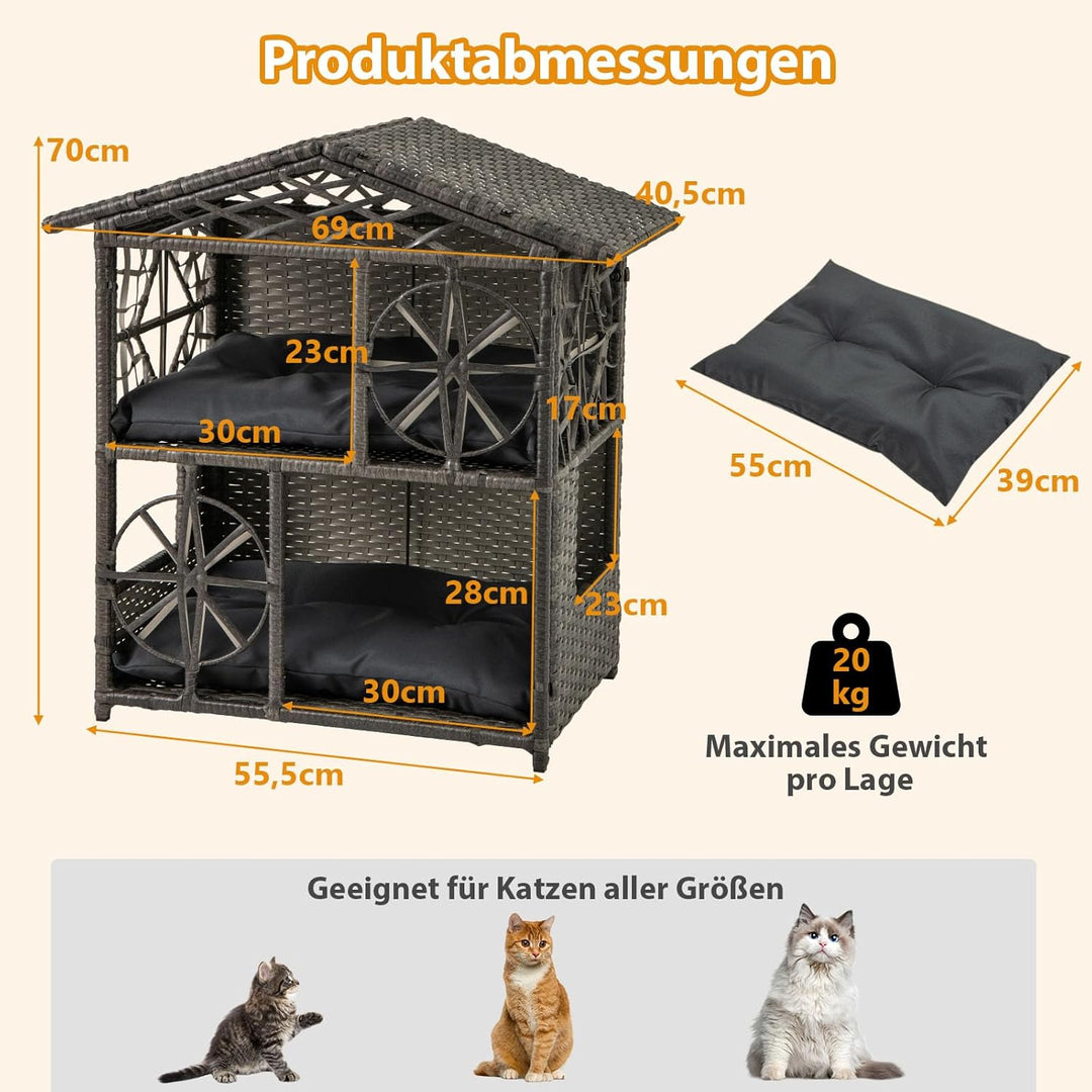 COSTWAY Katzenhaus Rattan, Katzenhütte Outdoor, mit Asphaltdach, abnehmbaren Kissens, Fenstern, Hund