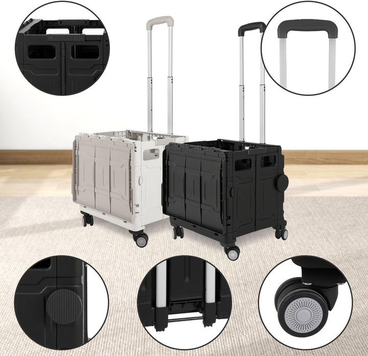 Einkaufstrolley Klappbar 50L, Faltbare Einkaufskiste mit Deckel, 4 x 360° Rollen &amp; verstellbarem Tel