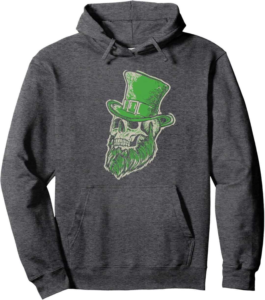 Minimalist St Patricks Day Skull & Green Hat & Beard Vintage Pullover Hoodie