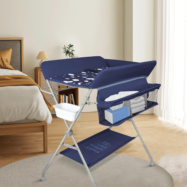 Baby Wickelkombi - klappbare Wickelkommode, mobiler Wickeltisch mit Wickelauflage, Sicherheitsgurt u