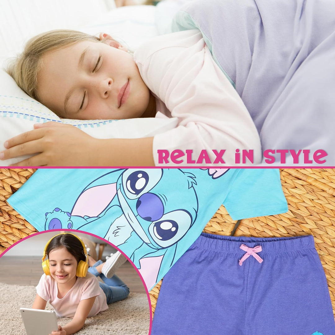 Disney Stitch Schlafanzug Mädchen Kurz, Pyjama T-Shirt & Shorts - Stitch Sachen 6-7 Jahre Blau/Lila