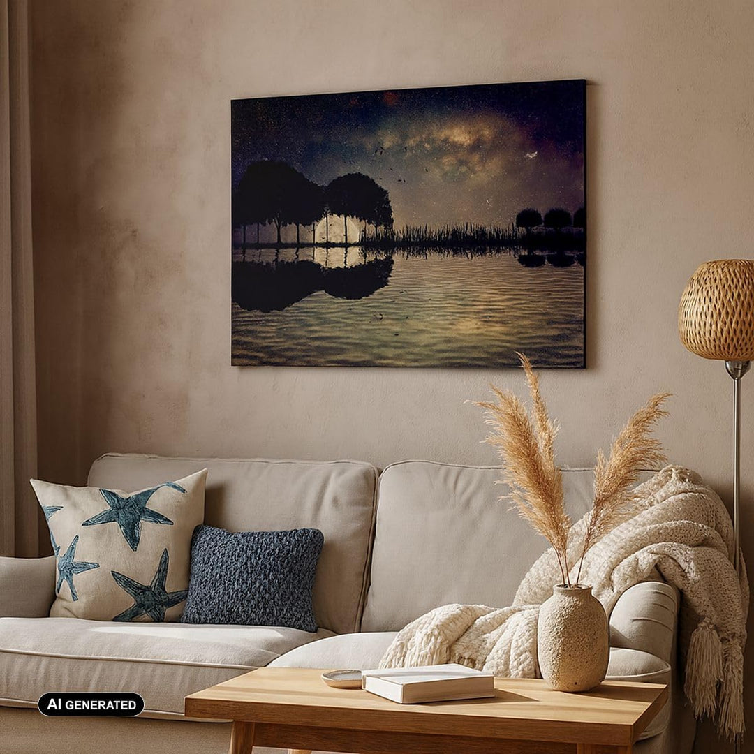 Bilder auf Leinwand 100x70cm Leinwandbild mit Rahmen See Nacht Wasser Gross Wanddeko Bild Schlafzimm