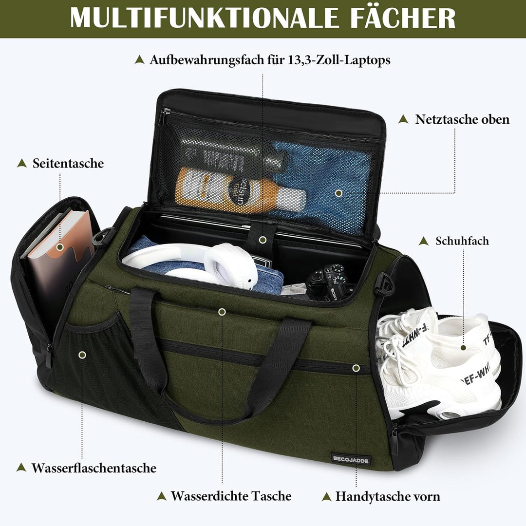 BECOJADDE Sporttasche Herren 40L Gross Sporttaschen Reiserucksack Mehrere Taschen Rucksack mit Schuh