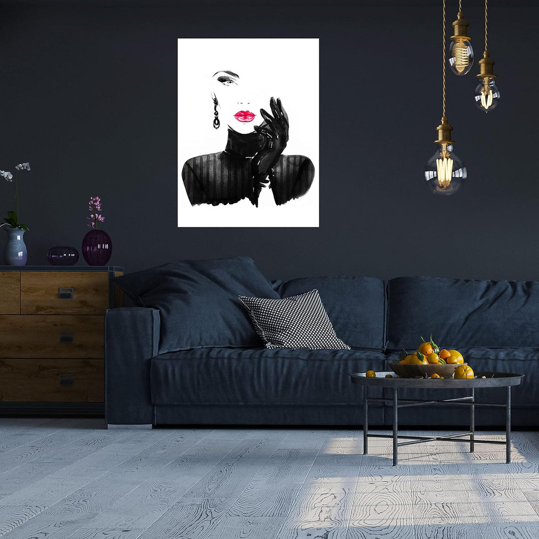 wandmotiv24 Poster als Wanddeko, Grösse 80x60cm, Model Gemälde, Rot, Fashion, Frau, Frauen Lippen, M