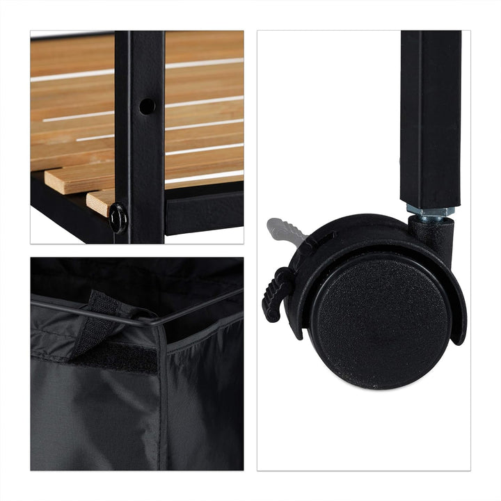 Relaxdays Rollregal Bad, 2 Ablagen, Badregal mit Wäschekorb, Metall, Bambus, HBT: 89,5 x 39 x 32,5 c