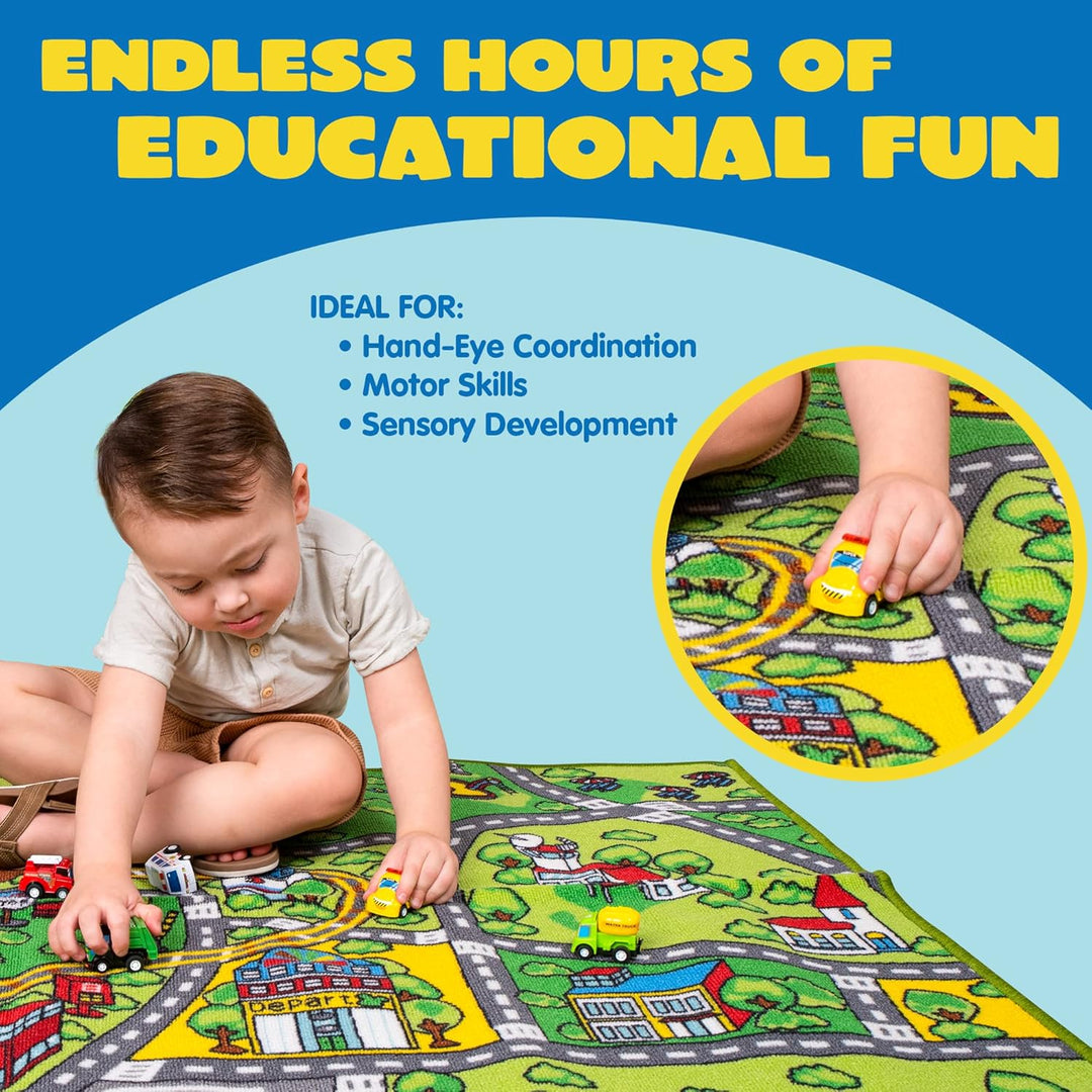 JOYIN Teppich Kinderzimmer 80x150cm mit 12 Mini Auto Spielzeug für Kinder ab 3 Jahren, Spielteppich