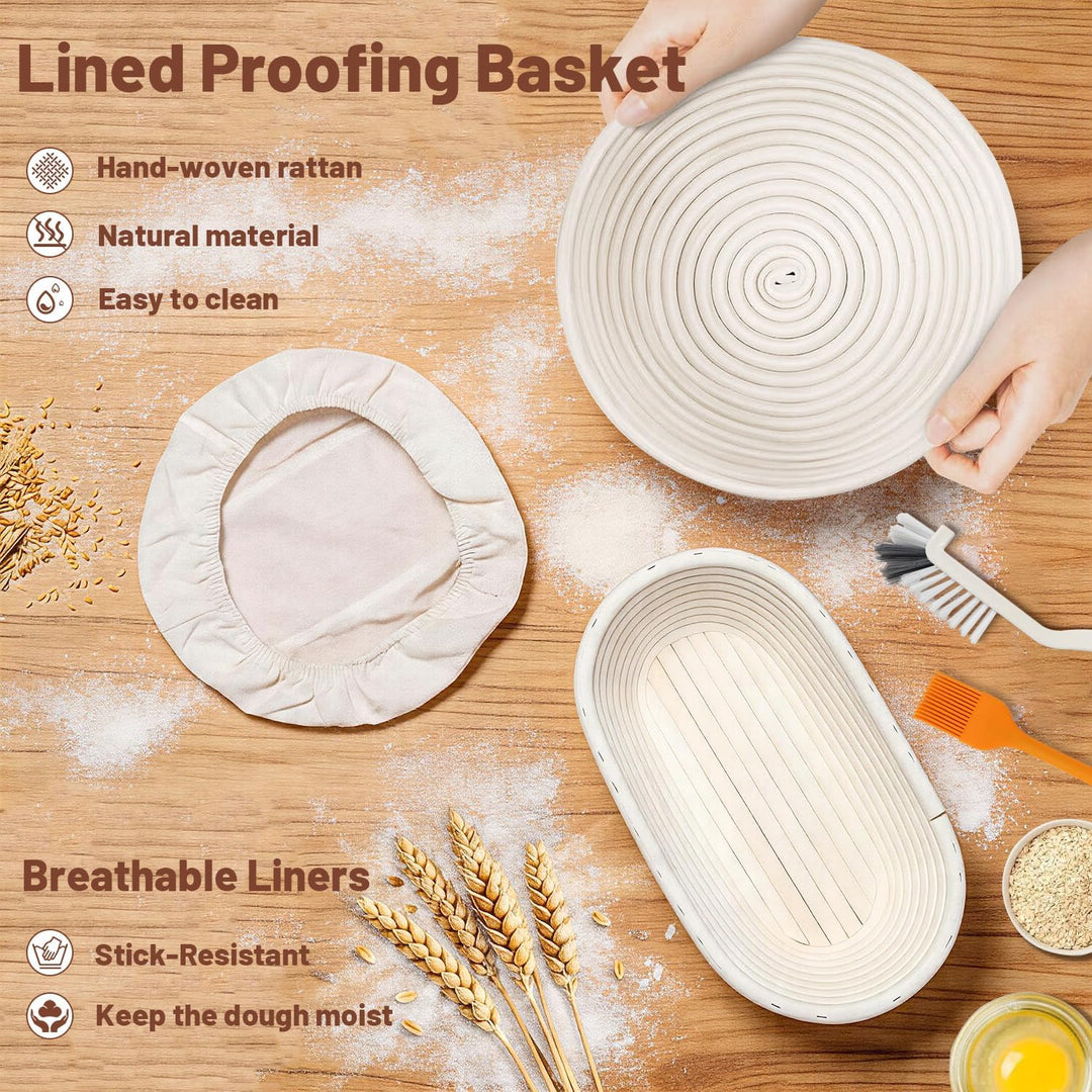 Sauerteig Starter Set, 12-teilig Brotbackset, Runder und Ovaler Gärkorb aus Rattan, Brotlame, Teigsc