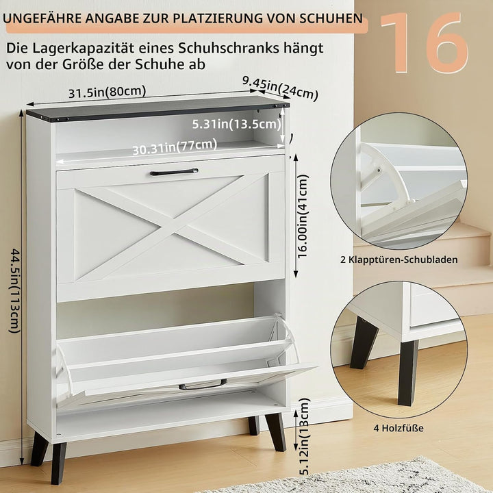 LELELINKY Schuhschrank mit 2 Klapp-Schubladen – Landhaus weiss Schuhorganizer für Flur – Schmaler Sc