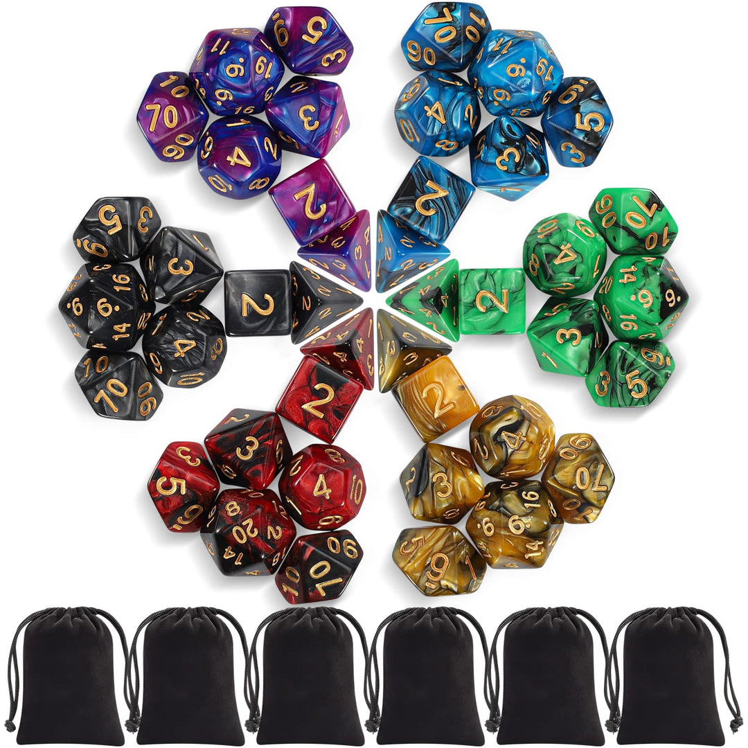 iFergoo Polyedrische Würfel Set, 6 x 7 (42 Stück) FarbSpielwürfel mit 6 Schwarze Kordelzugbeutel für