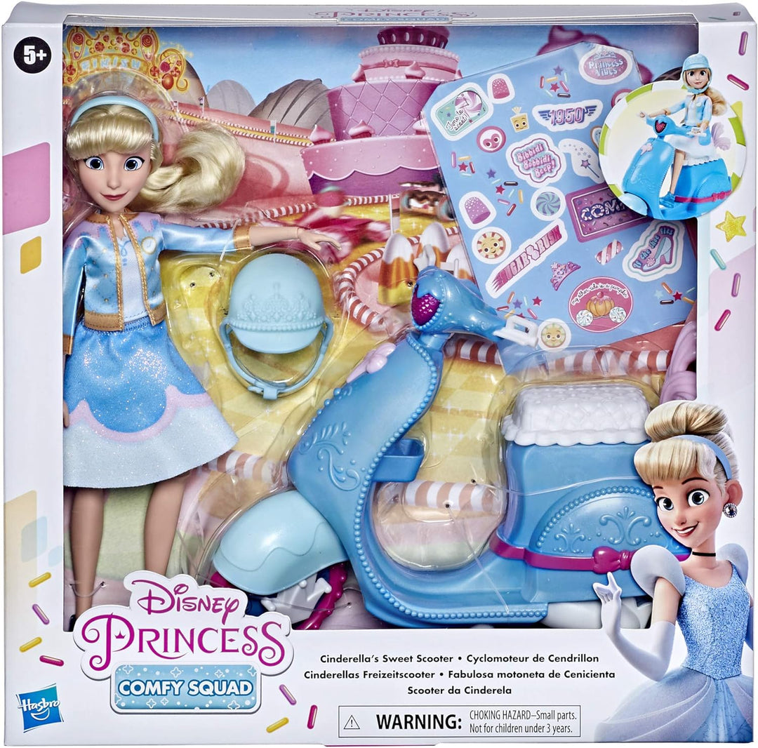 Disney Princess Comfy Squad Cinderella Sweet Scooter, Fashion Doll mit Scooter, Helm und Aufklebern,
