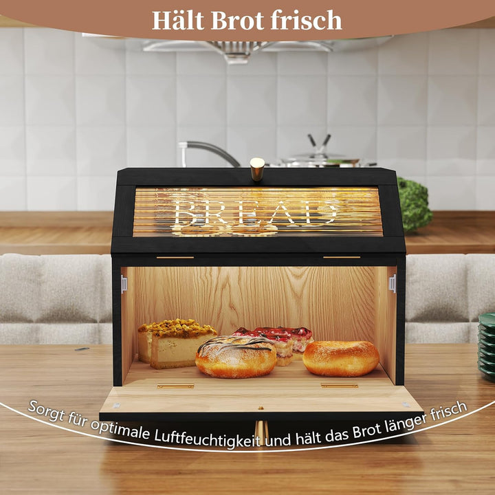 Brotkasten Holz, 2 Etagen Brot Aufbewahrungsbox, Gross Brotkasten Schwarz Mit Transparentem Fenster