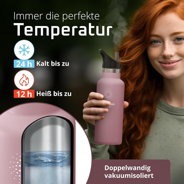 Trinkflasche Edelstahl mit Strohhalm, Infuser + 3 Deckel: BPA-frei, Auslaufsicher, Kohlensäure geeig