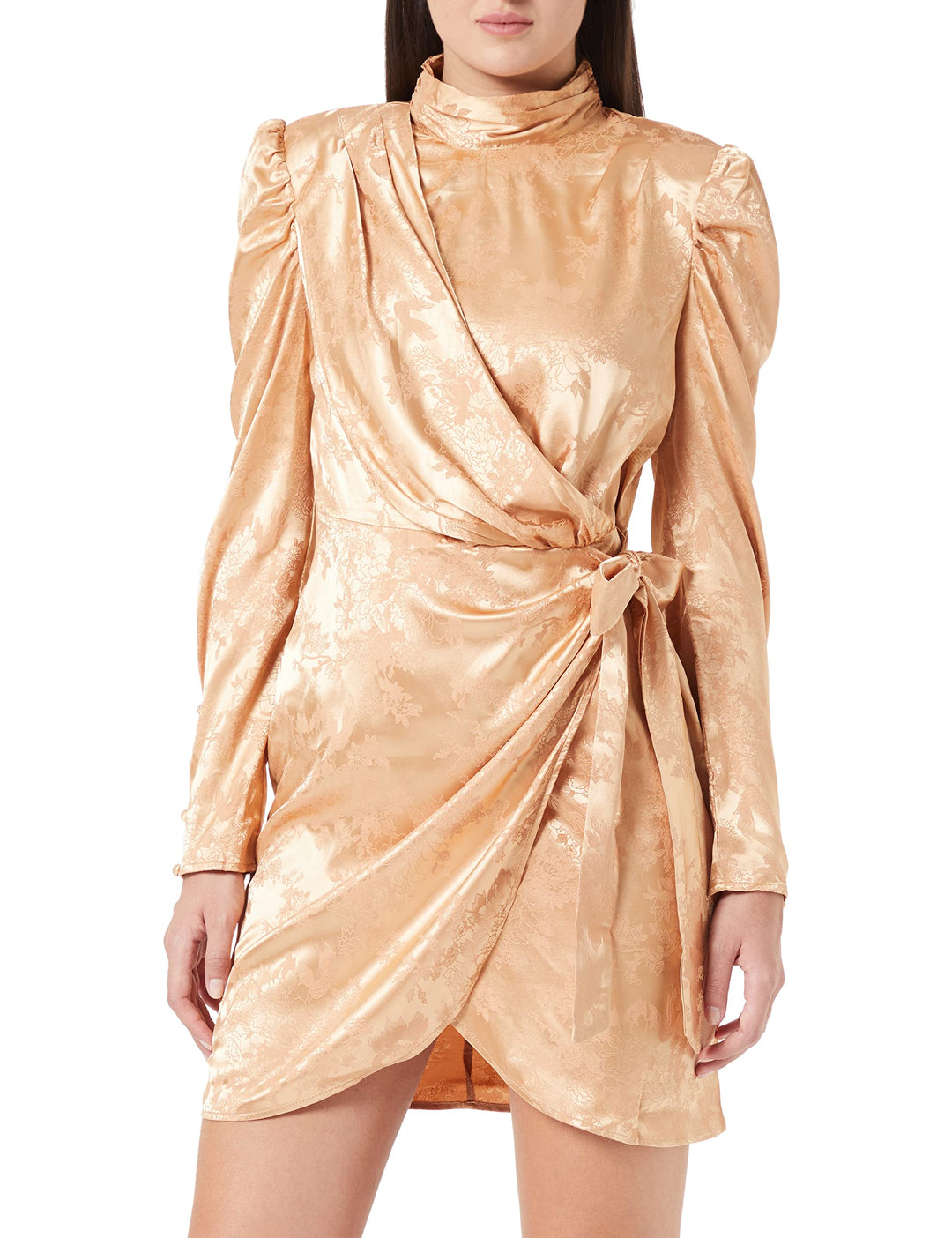 Damen Champagnerfarbenes Jacquard-Satin Wickelkleid Lässiges Abendkleid 34 Champagnerfarben, 34 Cham