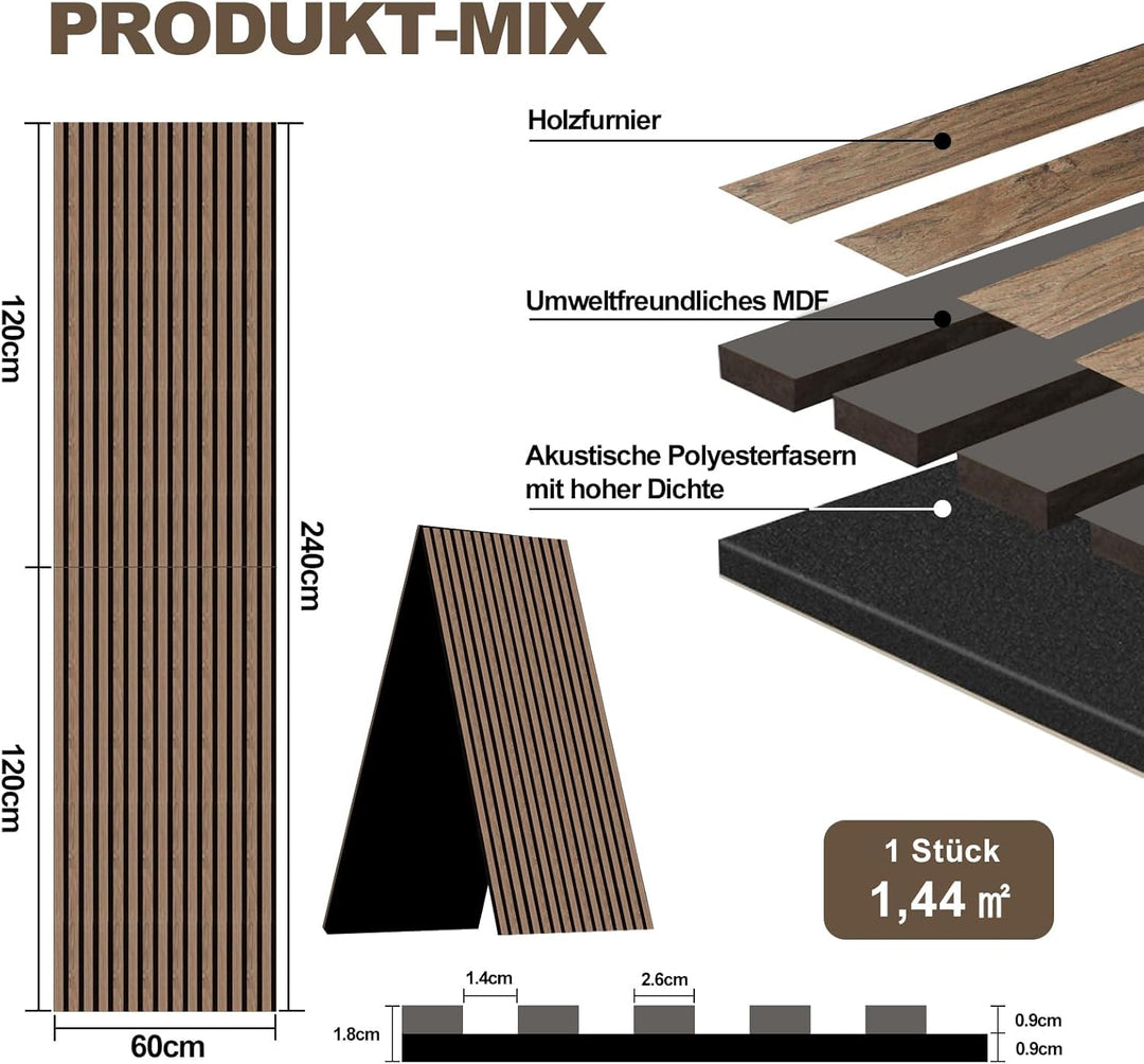 AKK-PANE Akustikpaneele Holz 240x60cm,1,44m² - Faltbar 3D Wandpaneele Holz, Akustik Paneele Wand für